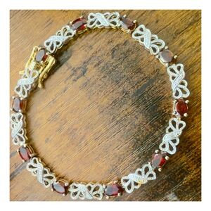 Vintage HAN Garnet & Lab Diamond Tennis Bracelet 925 Sterling & Gold Vermeil